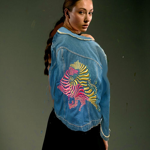 Hand Embroidered Denim Jacket with Pink and Gold Zebra’s - Image 6