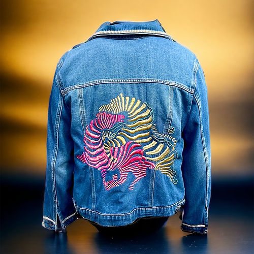 Hand Embroidered Denim Jacket with Pink and Gold Zebra’s - Image 3