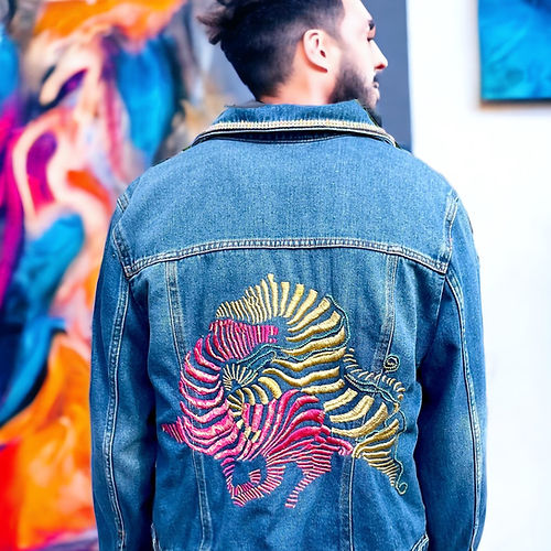 Hand Embroidered Denim Jacket with Pink and Gold Zebra’s - Image 9